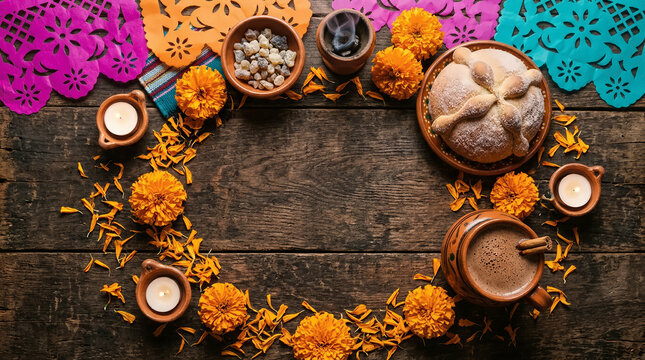 Day of the Dead ofrenda flat lay with marigolds and pan de muerto