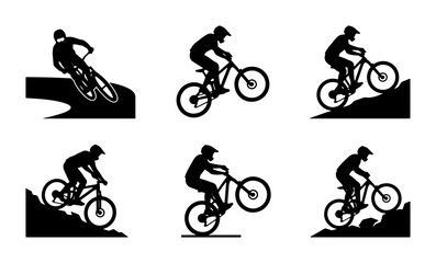Obraz premium Mountain biker silhouettes set with jumps, downhill riding and stunts for extreme sports and cycling themes