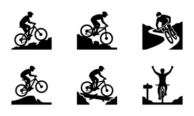 Obraz premium Mountain bike silhouettes set with downhill racing, jumping and winning for sport logo
