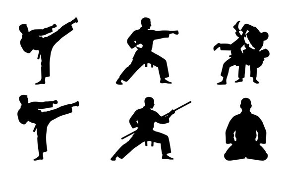 Martial arts silhouettes set with karate kick, punch, throw, stick fighting and meditation for sport logo