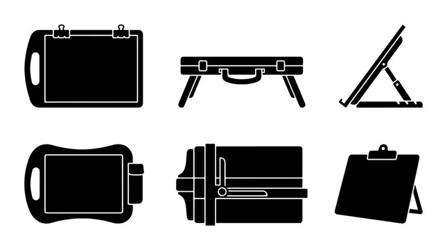 Drafting board vector silhouettes set with portable sketch board, adjustable easel and drafting machine for architectural signage