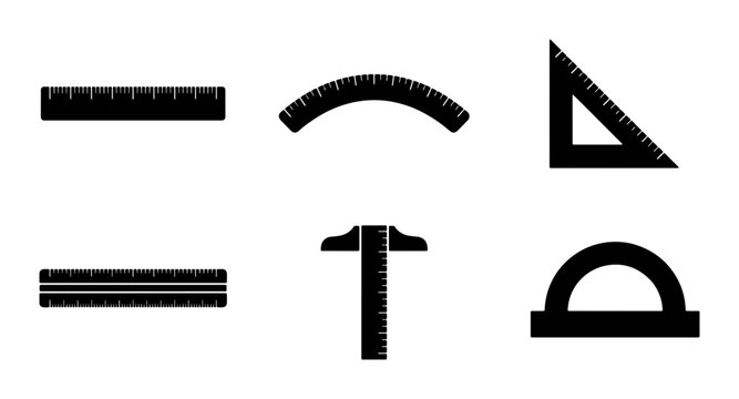 Measuring ruler vector silhouettes set with straight edge, triangle set square, t-square and protractor for drafting icons and logo