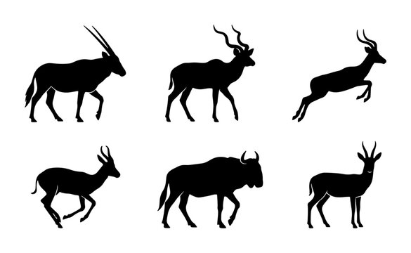 Antelope vector silhouettes set featuring oryx, kudu, wildebeest and jumping gazelle for logo and safari print