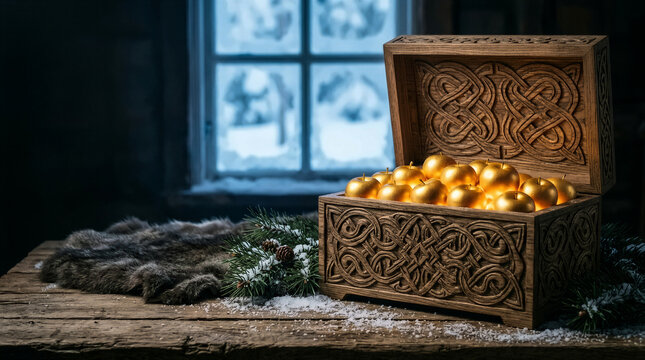 Idunn golden apples in carved Norse wooden chest by frosty window