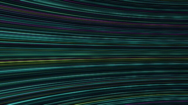 Multicolored light trails ripple in parallel bands across a dark abstract background