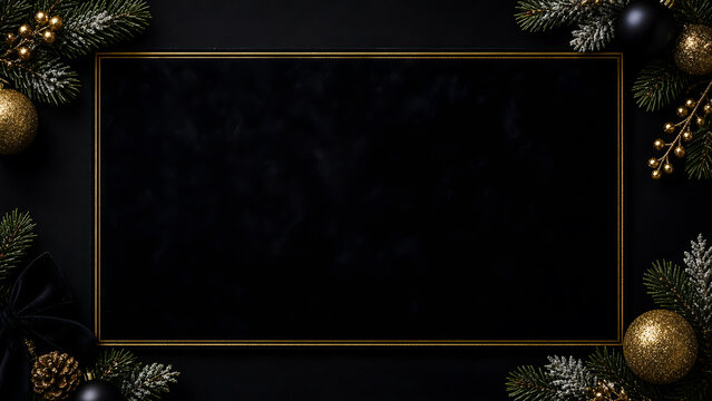 Dark background frames a gold rectangle with pine branches and ornaments. Festive and elegant.
