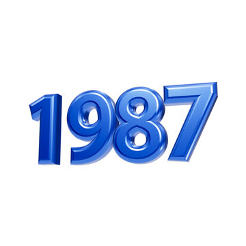 Bright blue three dimensional numerical digits spelling out the year 1987 on dark number shiny isolated on a transparent background