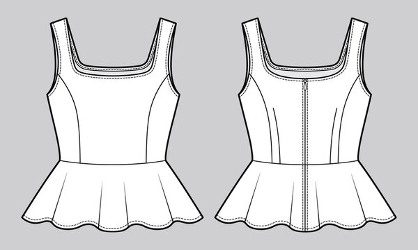Women sleeveless square neck back zip peplum top front back flat sketch