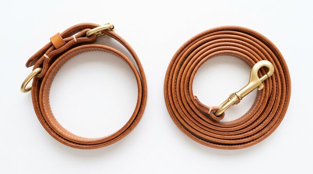 Coiled brown leather straps featuring shiny brass hardware components shot from directly above in bright studio lighting