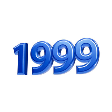 Glossy blue 1999 year number rendered in three dimensional typography style on black background date isolated on a transparent background
