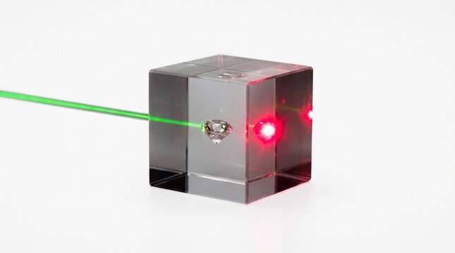 Glowing green laser beam passing through transparent crystal cube holding brilliant cut diamond with bright red refraction