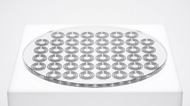 Metallic optical test targets with split ring resonators arranged in a geometric grid on a transparent glass substrate