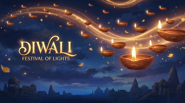 Diwali Festival of Lights Greeting Card with Floating Burning Oil Lamps and Golden Trails over Night City Skyline