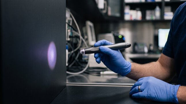 Gloved medical professional holding modern sleek diagnostic laser pen instrument during precision laboratory examination session