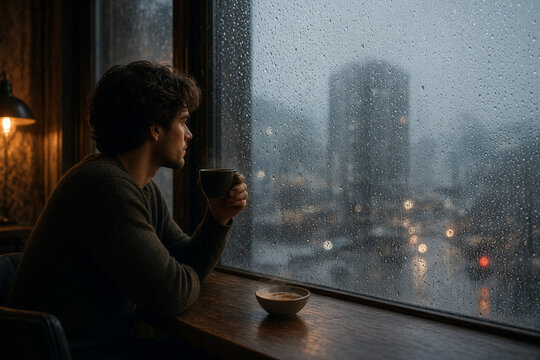 ragazzo in casa di citt&agrave; che beve caff&egrave; mentre fuori piove 