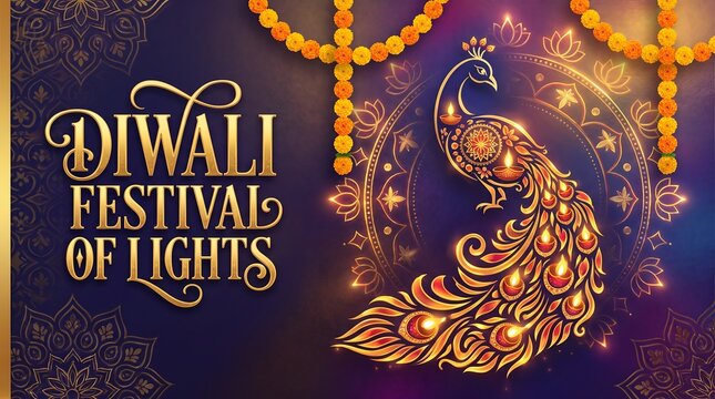 Diwali Festival of Lights Greeting Banner with Golden Peacock and Diya Lamps on Purple Background