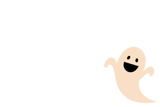 Empty page Halloween decoration. Cute  ghost cartoon with a friendly smile and raised arms. Halloween cards, invitations, stickers, posters, social media graphics, party decorations, and kids designs