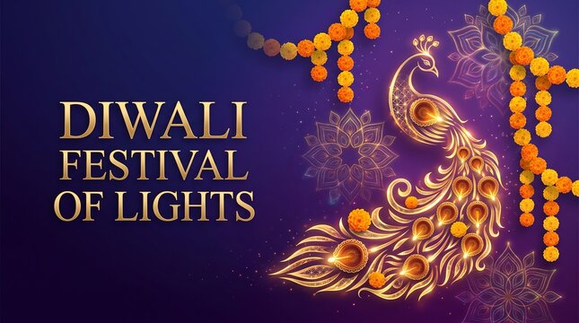 Diwali Festival of Lights Greeting Background with Golden Peacock Diya Ornament and Marigold Flowers