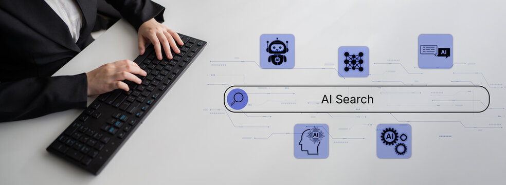 AI-powered search interface concept with multiple assistant tools, intelligent logic and automation engine working in harmony. Corpus
