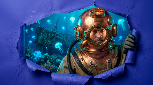 Diver in copper helmet peering through torn blue paper into underwater scene with shipwreck and jellyfish, deep sea exploration, marine biology, adventure concept.