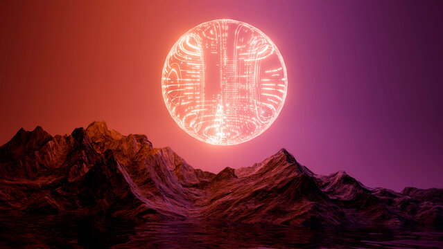 Futuristic sci-fi landscape with a giant glowing neon sun sphere floating over alien mountains and dark water