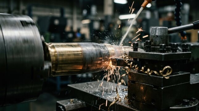 Precision-milled artillery shell casing rotating on a lathe with metal shavings and coolant spray in a defense manufacturing facility.