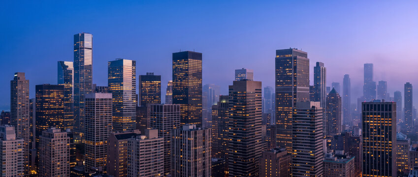 Illuminated office buildings across misty downtown financial district skyline at blue hour