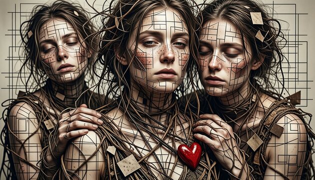 Three Figures Enmeshed in Vines and Geometric Patterns with Red Heart