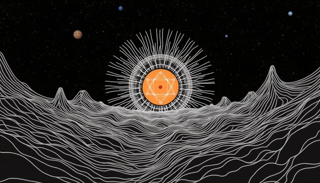Cosmic Abstract Landscape with Geometric Symbol and Starry Sky