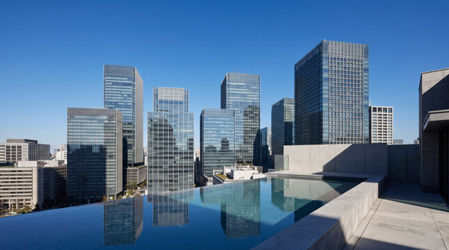 Rooftop infinity pool reflecting modern glass office towers in downtown financial district skyline