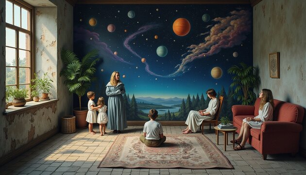 Family in a Vintage Living Room with Cosmic Wall Mural
