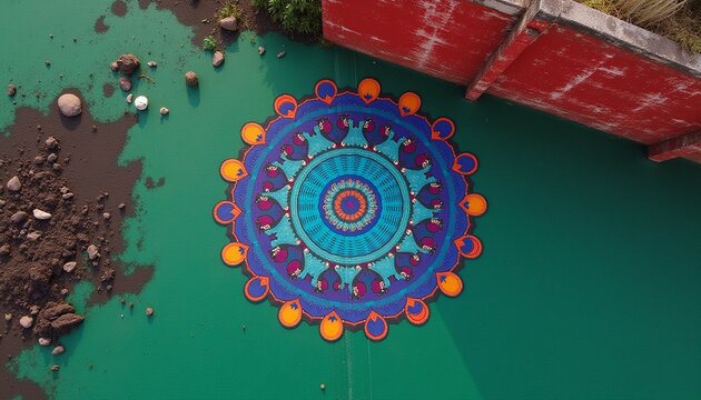 Aerial View of Vibrant Mandala Art in Green Water Near Red Structure