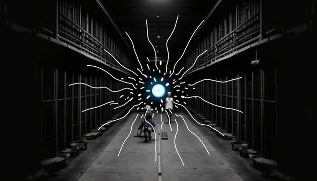 Glowing Sunburst in Industrial Corridor with Silhouetted Figures