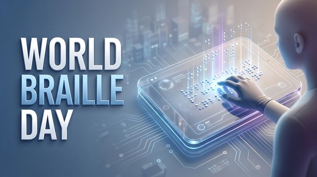 World Braille Day concept with futuristic digital tablet displaying glowing Braille dots for visual impairment accessibility