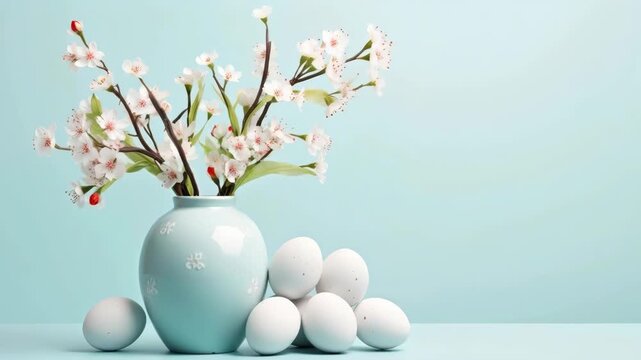 Elegant Still Life of Cherry Blossoms in Teal Vase with White Eggs