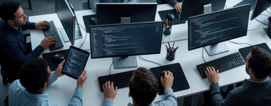Software dev team works together in modern tech office. Programmers write code on computer monitors, tablet. Group of engineers collaborate on digital project using scripts, web application software