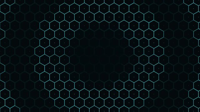 Abstract dark background featuring a repeating hexagonal pattern with soft cyan glowing lines.