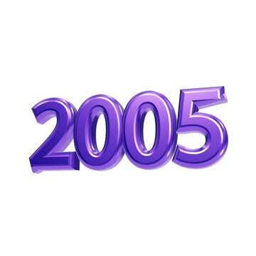 Three dimensional glossy purple digits displaying the year 2005 against a dark black background date isolated on a transparent background