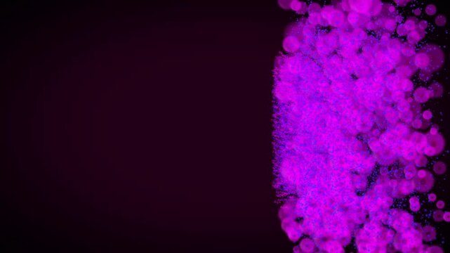 Glowing magenta circle particles with tiny blue sparks swarming on the right side of a dark plum backdrop, animated abstract background with copy space left