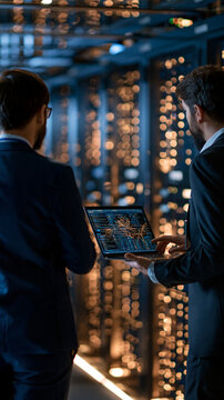 Business professionals analyzing server and cloud database network infrastructure inside a modern data center two european professionals seen from behind in a clean brightly lit