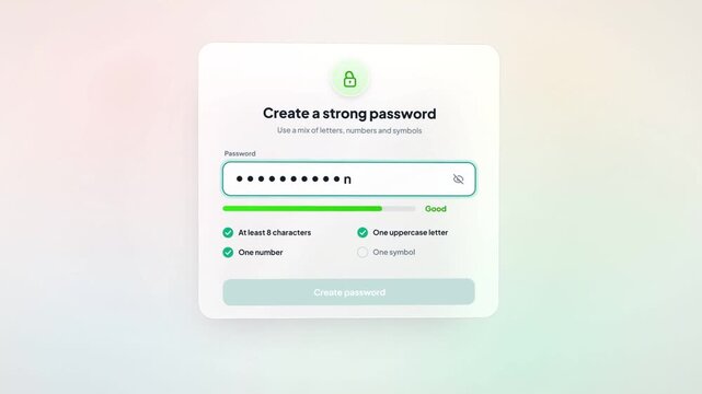 Strong password creation UI with strength meter changing from weak to strong as characters are typed