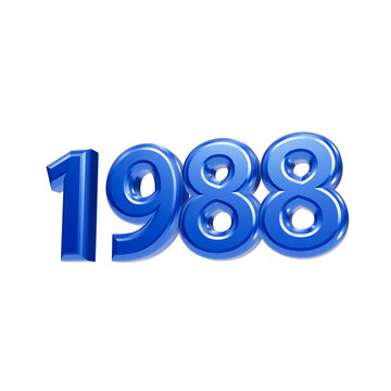 Blue 3D glossy numbers 1988 standing isolated on black background, celebrating year typography render isolated on a transparent background