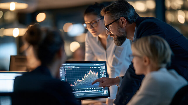 Teamwork statistics and business people on a computer in an office for stock trading research and finance european men and women seen from behind in front of a pc screen with