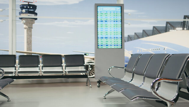 Empty airport departure lounge displays flight information, boarding times and gate numbers on digital screen, with rows of seats in quiet waiting area.
