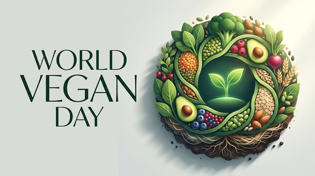 World Vegan Day Concept with Circular Arrangement of Healthy Fruits Vegetables and Grains on White Background