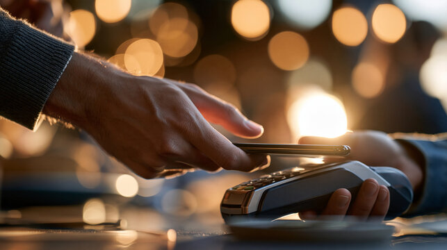 Ecommerce hands and phone with a pos machine for a transaction close up of hands holding a smartphone and tapping on a pos machine for tap to pay fintech payment and customer