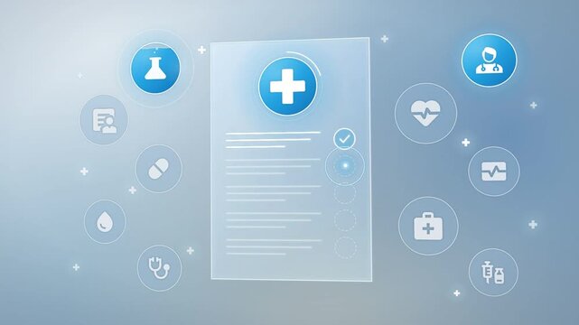 Medical record document with checklist and healthcare icons on light blue glass interface