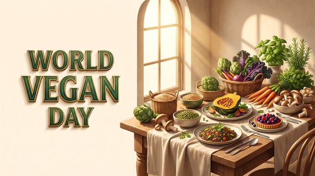 World Vegan Day Banner with Fresh Vegetables Grains and Healthy Plant Based Meals on a Rustic Table