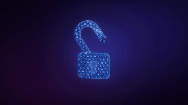 Digital padlock forming from glowing particles then locking shut on dark blue cybersecurity background
