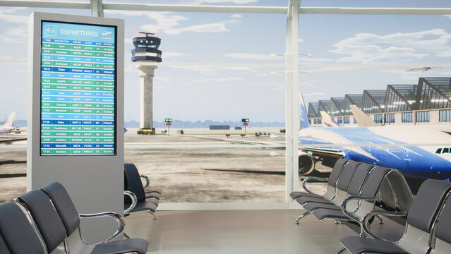 Empty airport terminal shows flight cancellation and delay alerts on board screen, reflecting postponed travel, stranded passengers and missed connections.